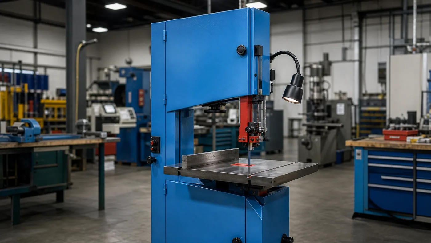 Vertical knee milling machine with a digital readout in a machine shop