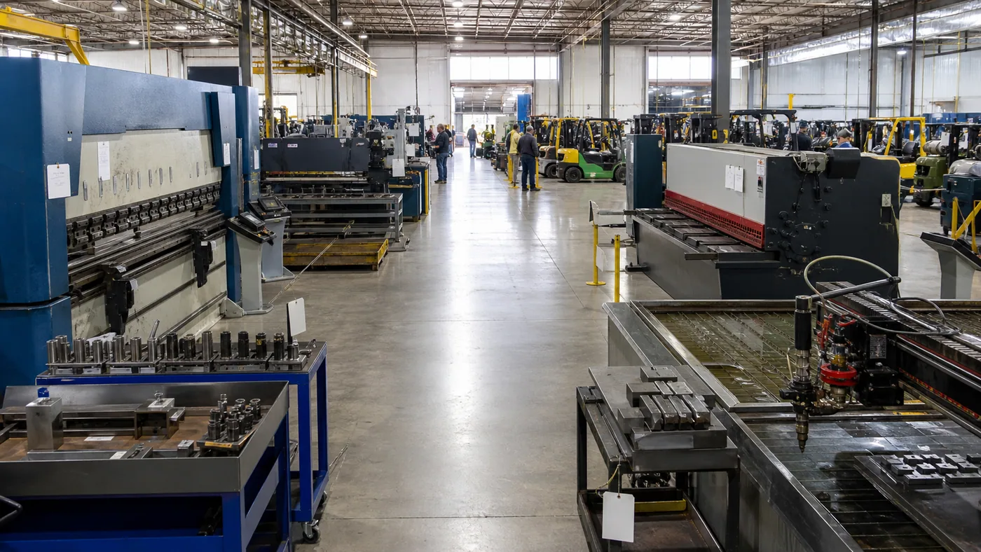 Machinist setting up a hydraulic press brake in a fabrication shop