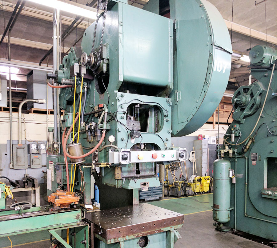Verson-105 Ton Verson Open Back Gap Frame Heavy Duty Stamping Punch Press, Mdl. 7 1/2, Air Clutch and Brake, Dual Palm Control,  Bed Cushion, 30" x 39" Bed, 35 Strokes Per Minute, 8" Stroke, BIjur Lubrication System,Variable Speed Drive #A4766-01