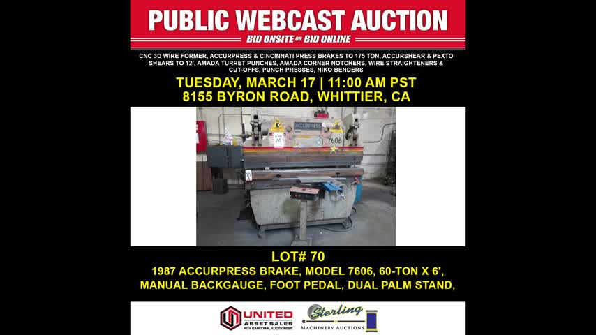 Lot# 70 1987 ACCURPRESS BRAKE, MODEL 7606, 60-TON X 6', MANUAL BACKGAUGE, FOOT PEDAL, DUAL PALM STAND, S/N 8252