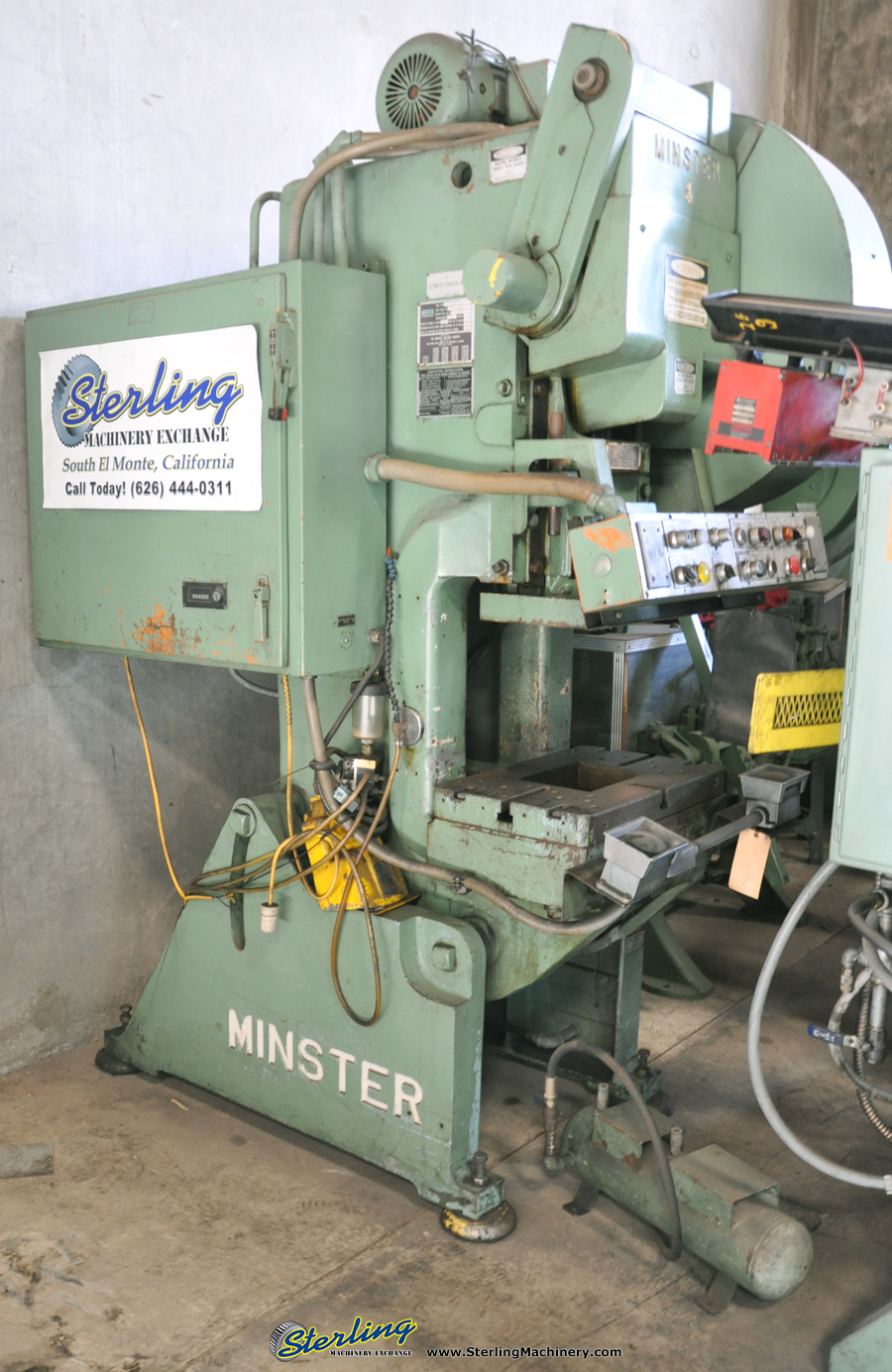 Minster-32 Ton x 4" Used Minster OBI Press, Mdl. #4, Air Clutch & Brake, 24" x 15" x 2 1/2" Bolster Plate, Dual Palm Control, Foot Pedal, Auto Lube, Top Stop, Emergency Stop, Foot Pads, Surge Tank,  #7104-01