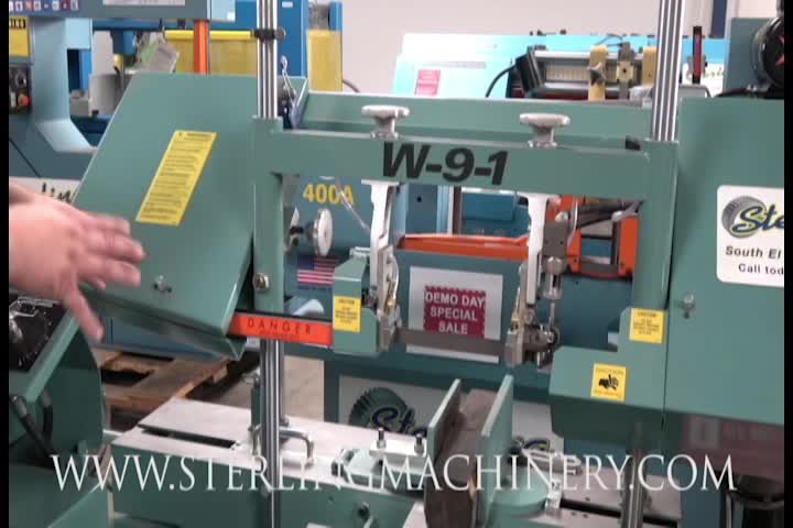 9" x 17" Brand New W.F. Wells Semi-Automatic Horizontal Twin Post Bandsaw *AMERICAN MADE*, Mdl. W-9-1, 1" Bi-Metal Blade, Carbide Guides with Roller Backups, Manually Controlled Vise, Manually Controlled Blade Tension, 45 Degree Swiveling Vise, Semi-Autom