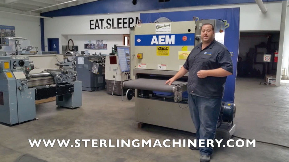AEM-36" Used AEM Belt Grinder, Mdl. 501-37MD, Electric Eye Tracking, Spring Loaded Hold Downs, Air Tracking On Conveyor Belt, Manual Height Adjustment, Emergency Stop Buttons, Load Meter, Dust Collector Hood,  #A1468-01