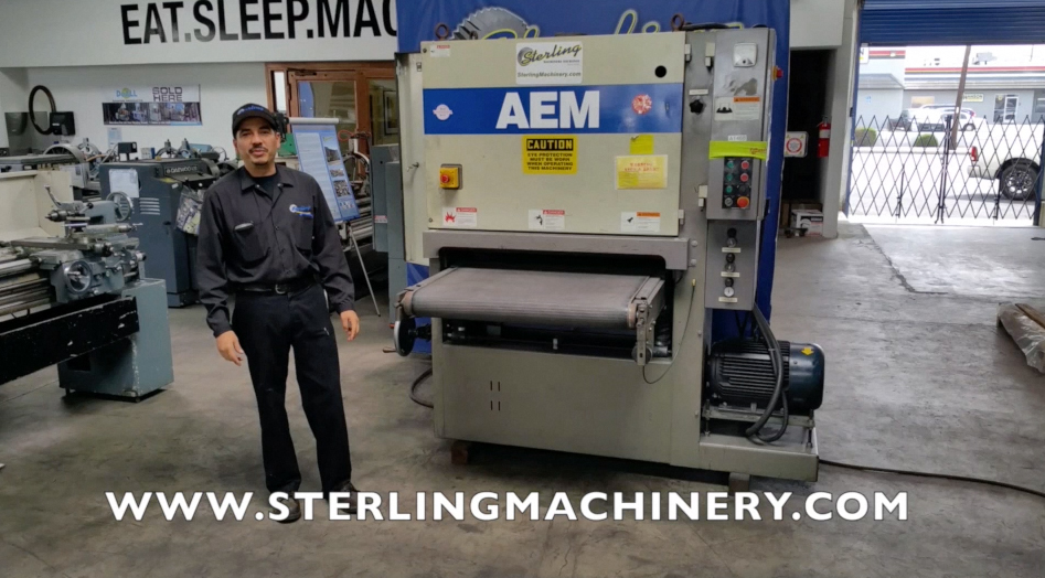 AEM-36 "que se utiliza AEM Cintur�n Grinder, MDL. 501-37MD, Seguimiento del ojo el�ctrico, con Resorte pisadores, el seguimiento de aire En Cinta transportadora, ajuste manual de altura, botones de emergencia, medidor de carga, el colector de polvo Hood, # A1-01
