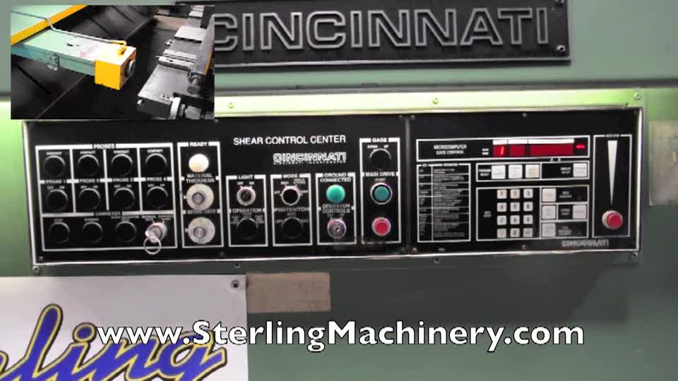 1/4" x 12' Used Cincinnati Hydraulic Power Shear, Mdl. 250HS, Front Operated Digital Microcomputer Programmable Power Back Gauge, Square Arm, Front Supports, Power Rake & Blade Legnth Control(1995) #A1067 www.SterlingMachinery.com