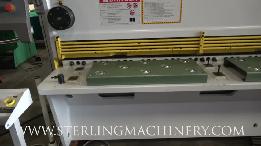 1/4" X 10' USED PIRANHA HYDRAULIC CNC SHEAR (UNBELIEVEABLE CONDITION), MDL. 1/4-10, EUROPEAN DESIGN, GUILLOTINE STYLE, 3-POINT ROLLER GUIDE SYSTEM, HYDRAULIC SYSTEM FROM BOSCH/REXROTH, OVERLOAD PROTECTION, BACK GAUGE DRIVEN BY AC MOTOR WITH BALL SCREW & L