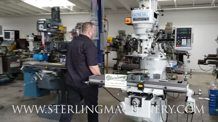 9" x 49" Used Acra Vertical Milling machine (Step Pulley Type) LIKE NEW CONDITION! 1 Phase and 3 Phase., Mdl. AM2S-949, Hardened & Ground Table & Ways, Quill Heat Treat Hardened & Chromed, Double Wall Construction, Turcite On The Table X & Y Axis, X Table