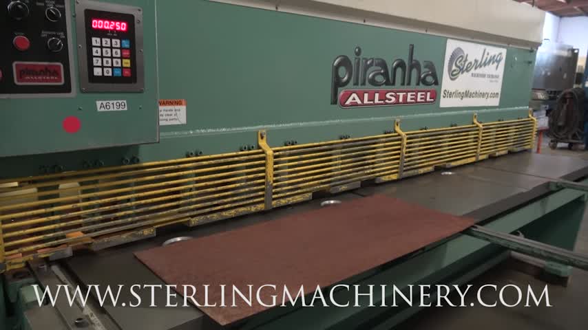 1/4" x 10' Used Piranha Hydraulic Metal Cutting Power Shear, Mdl. 1/4-10', Electric Foot Pedal, Front Operated Power Back Gauge With Indicator, Power Stroke Length Adjustment, Square arm, Shadow Light and Line, Front Supports,  Year (1999)  #A6199