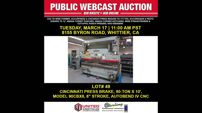 Lot# 49 CINCINNATI PRESS BRAKE, 90-TON X 10', MODEL 90CBX8, 8" STROKE, AUTOBEND IV CNC CONTROL, FOOT PEDAL, DUAL PALM CONTROL